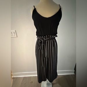 Women’s Black and White Pinstripe Tie Waist Jumpsuit